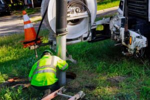 Sewer workers cleaning septic tank Ossowo, MI